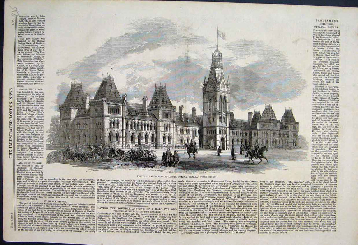 Original Old Antique Print 1859 Parliament Building Ottawa Canada Horse 19th