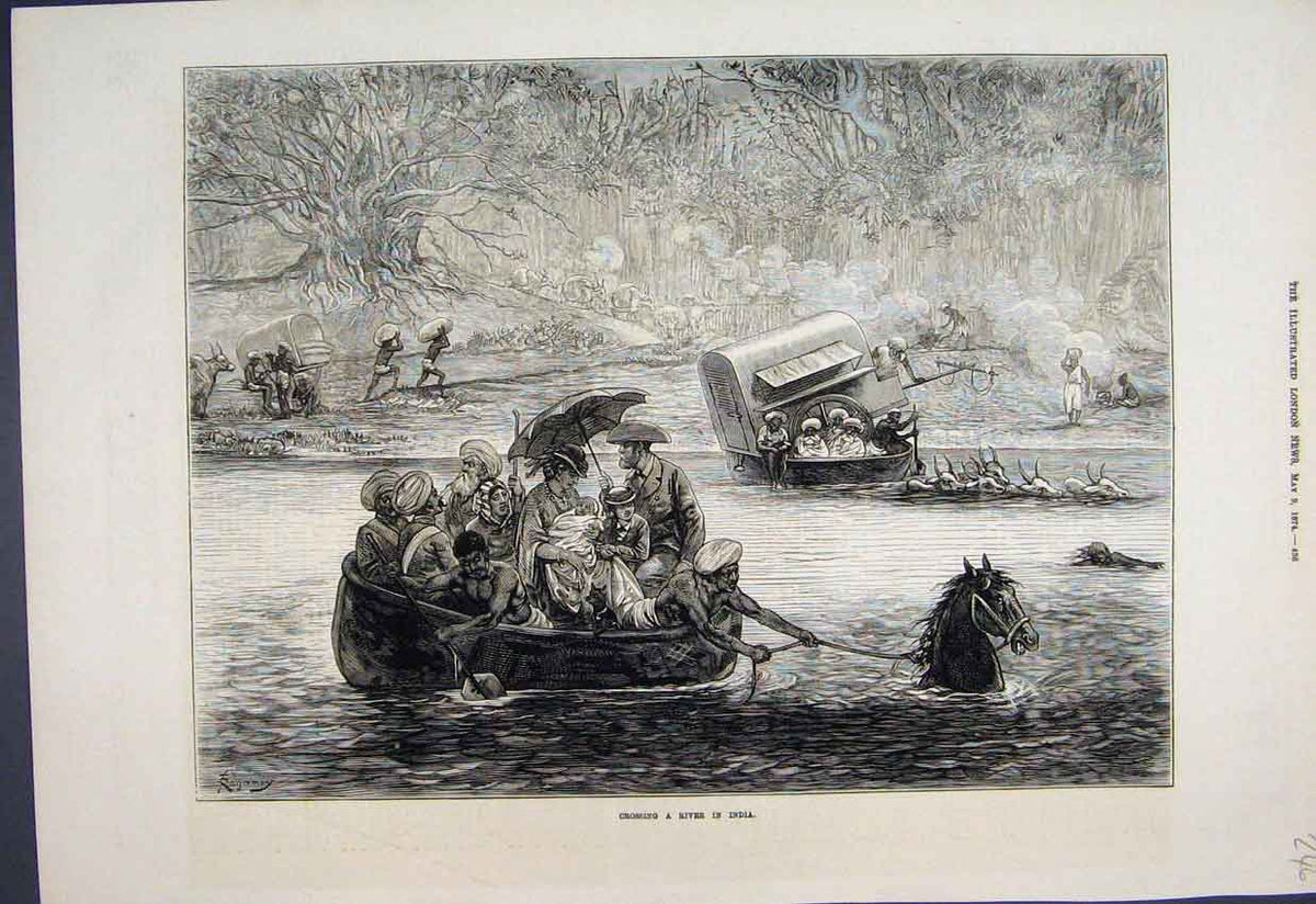 Original Old Antique Print 1874 River Scene India Families Boat Horses 19th
