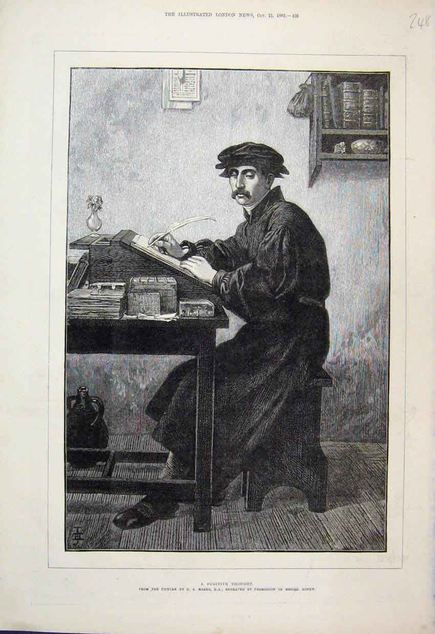 Original Old Antique Print 1882 Portrait Fugitive Thought Man Writing Victorian
