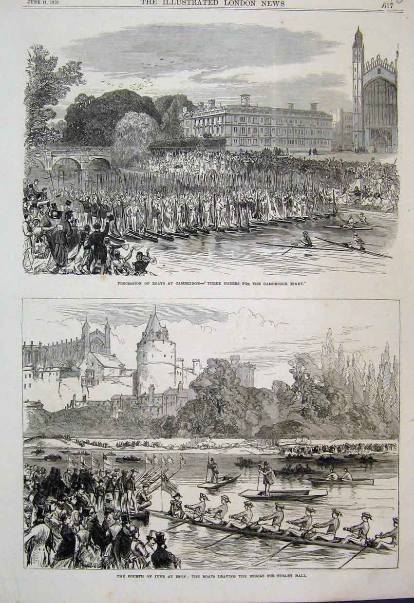 Original Old Antique Print 1870 Boats Cambridge Eton Brocas Surley Hall 19th