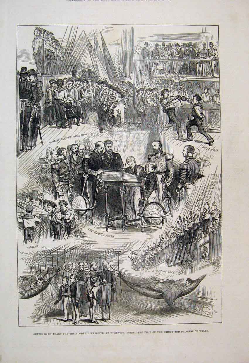 Original Old Antique Print 1877 Training Ship Warspite Woolwich Princess Wales