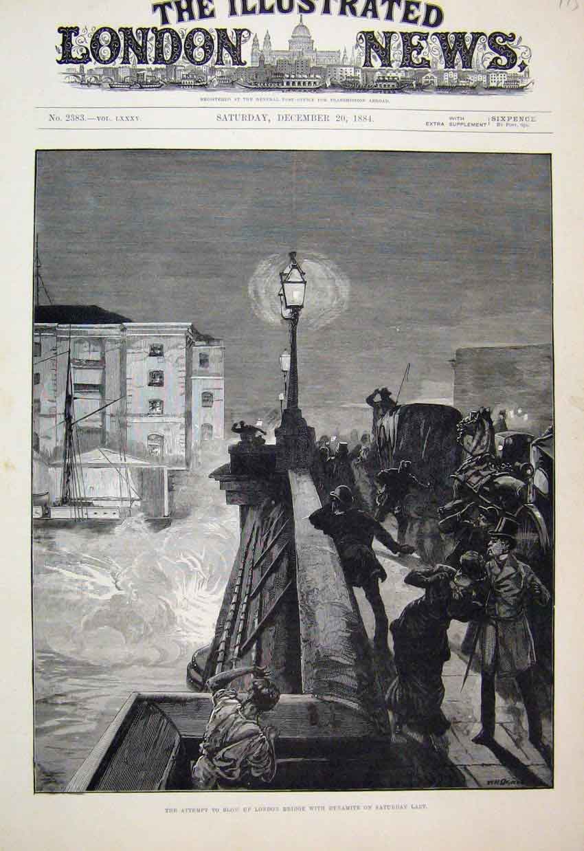 Original Old Antique Print 1884 Blow London Bridge Dynamite Horse Victorian