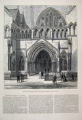 Original Old Antique Print 1882 Royal Court Justice Principal Entrance Strand
