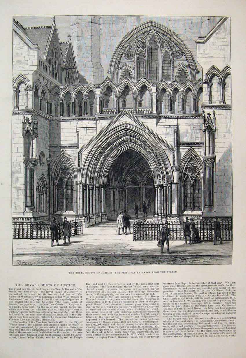 Original Old Antique Print 1882 Royal Court Justice Principal Entrance Strand