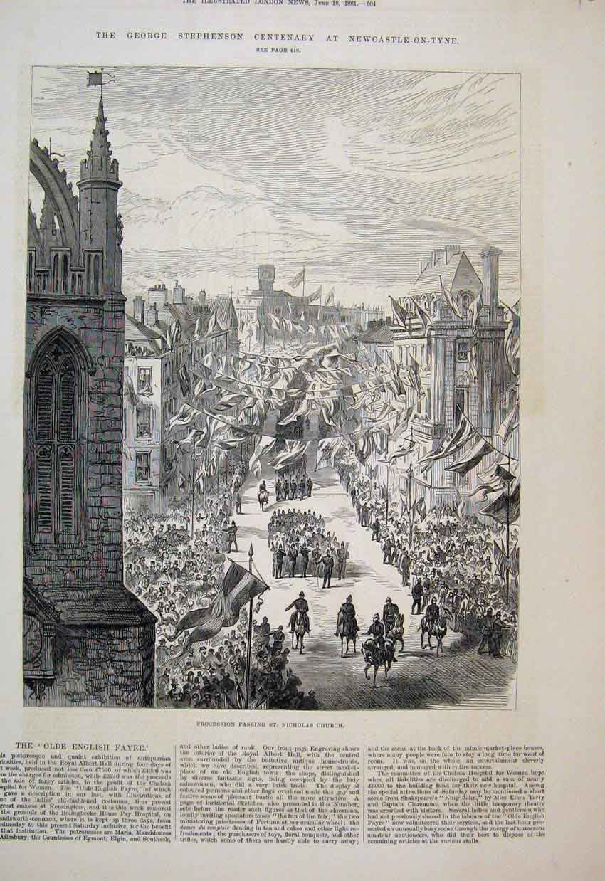 Original Old Antique Print 1881 George Stephenson Centenary Newcastle Nicholas