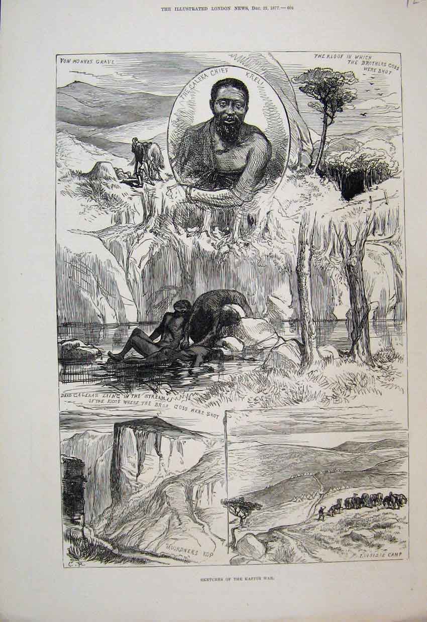 Old Antique Print 1877 Kaffir War Caleka Chief Kreli Luisizie Camp Sketch 19th