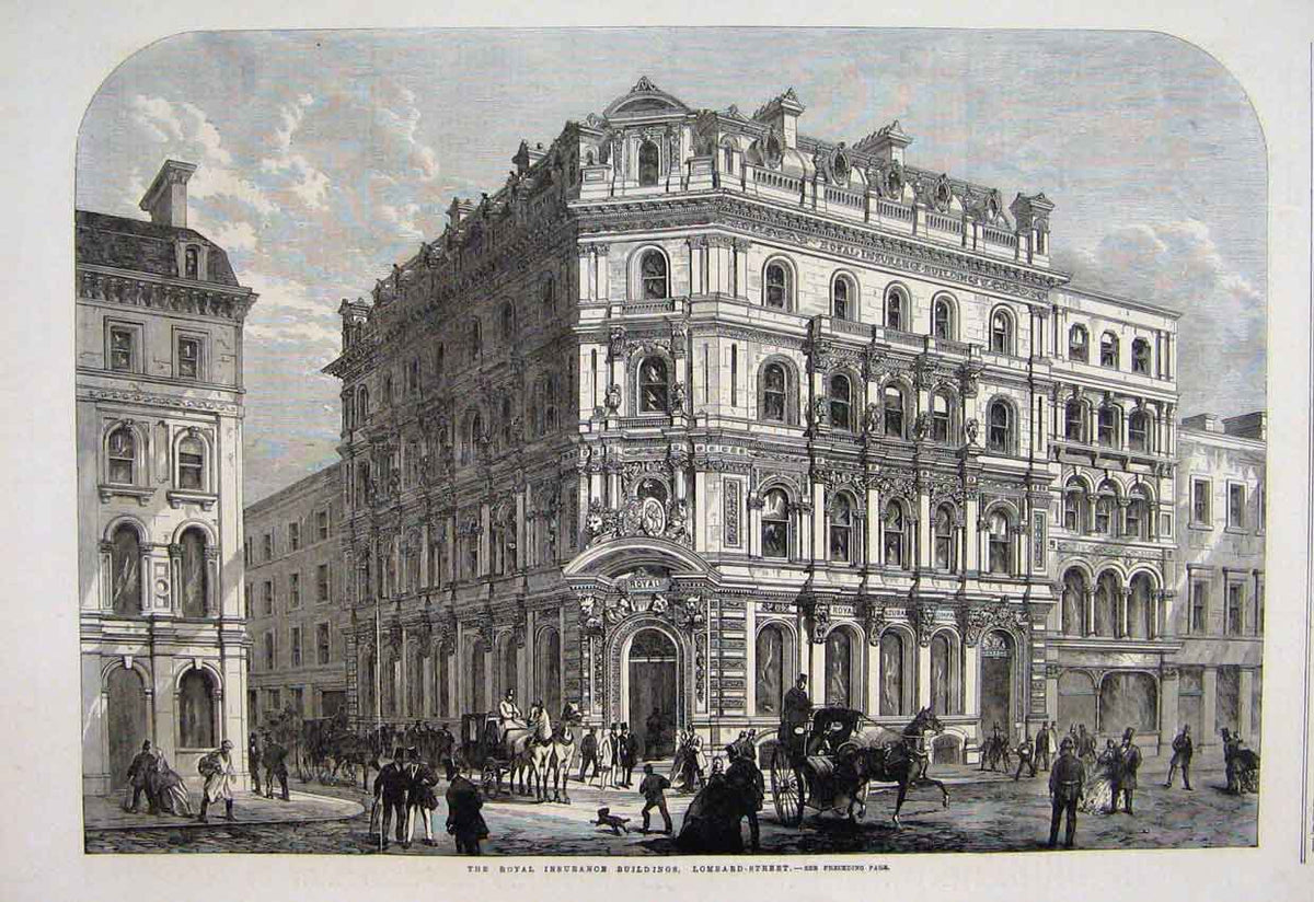 Original Old Antique Print 1865 Royal Insurance Building Lombard Street 19th
