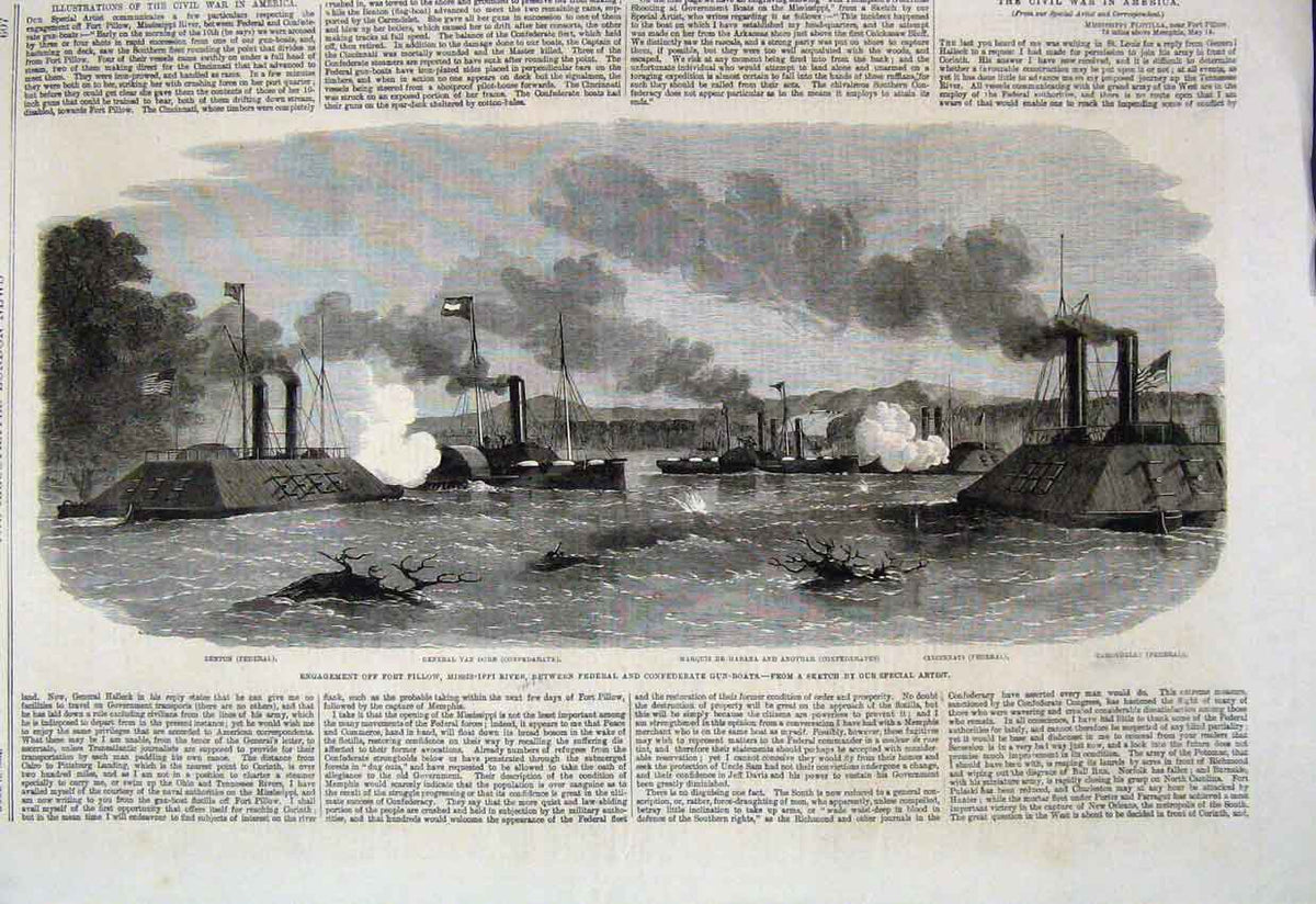 Old Antique Print 1862 Fort Pillow Mississippi River Gun Boats Sketches 19th