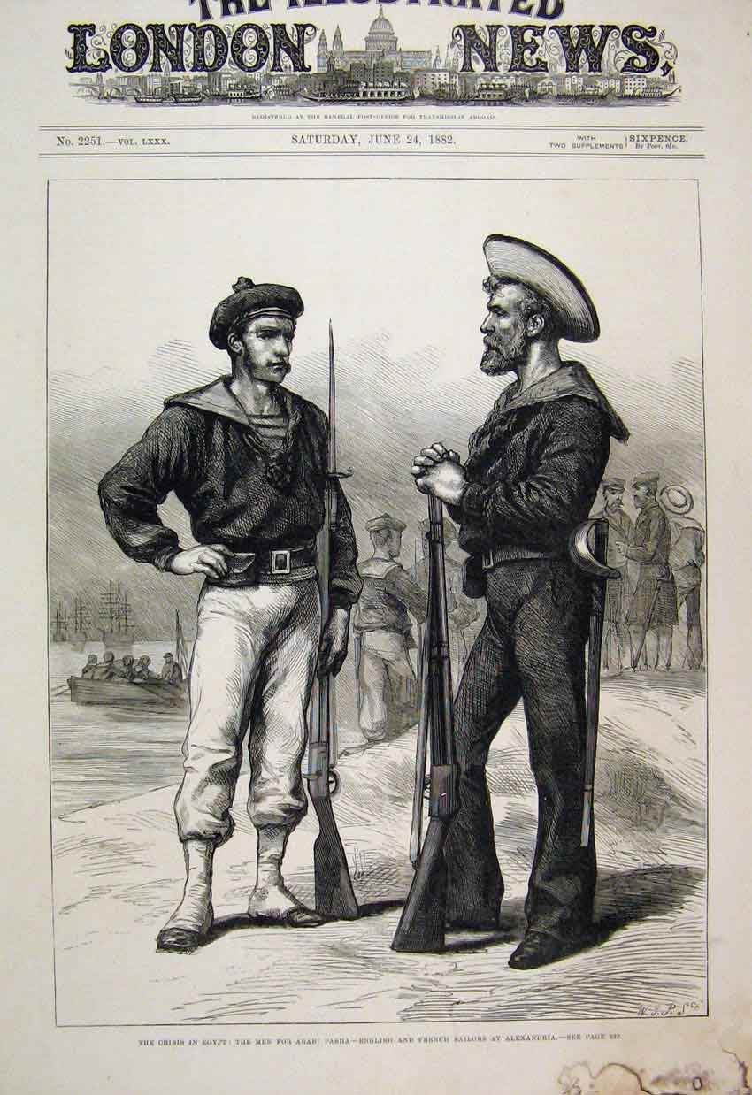 Original Old Antique Print 1882 Crisis Egypt Arabi Pasha Sailors Alexandria