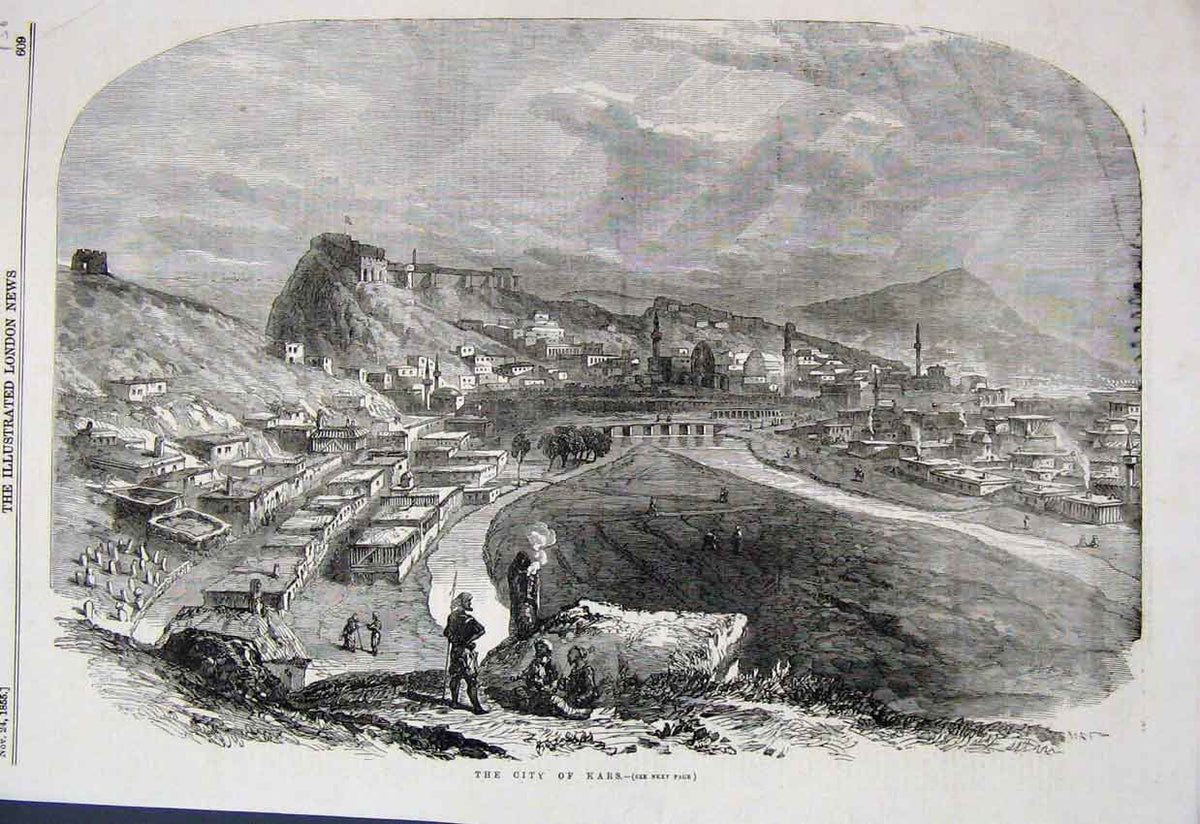 Original Old Antique Print 1855 City Kars River Bridge Men Hill 19th