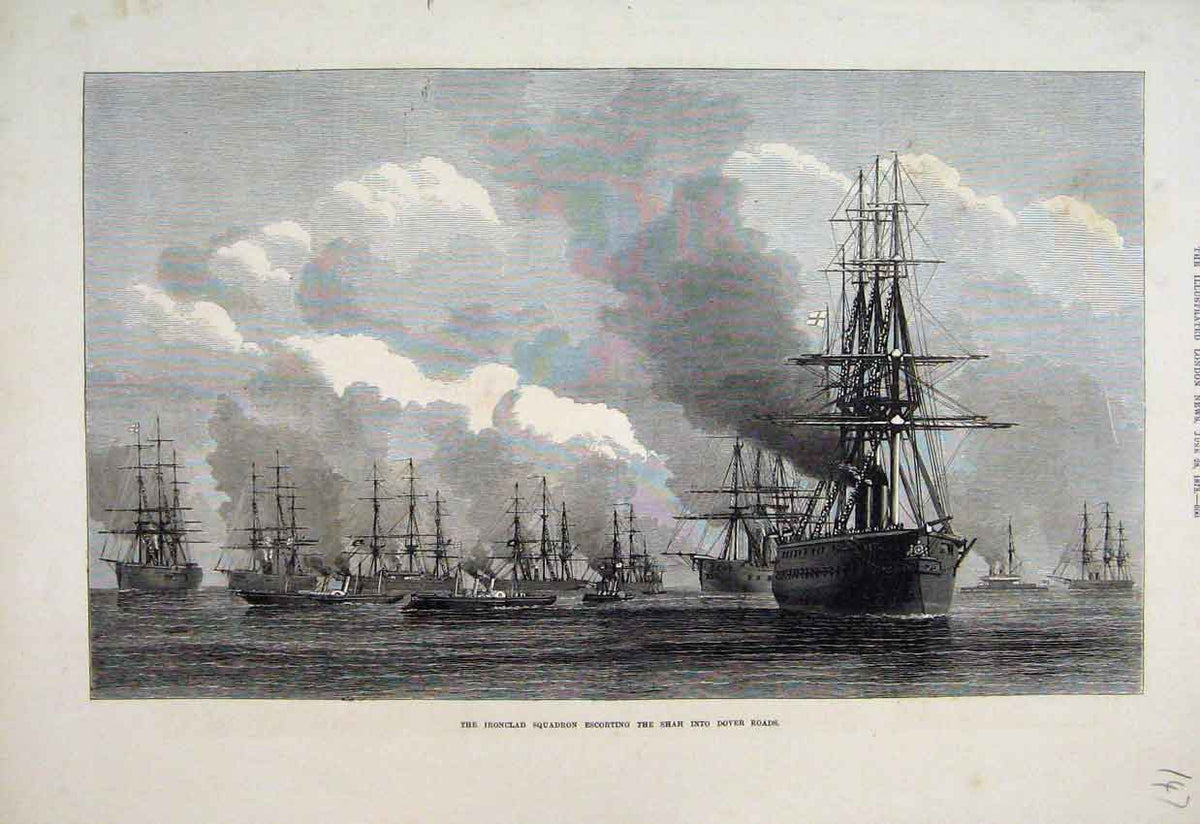 Original Old Antique Print 1873 Ironclad Squadron Shah Dover Ships Victorian
