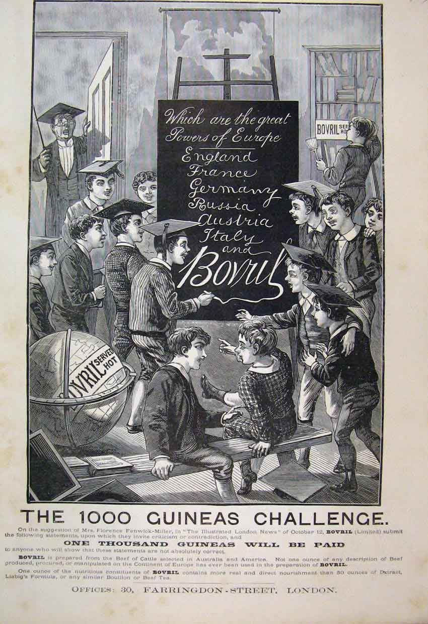 Original Old Antique Print 1889 Guineas Challenge Children Bovril Chalkboard