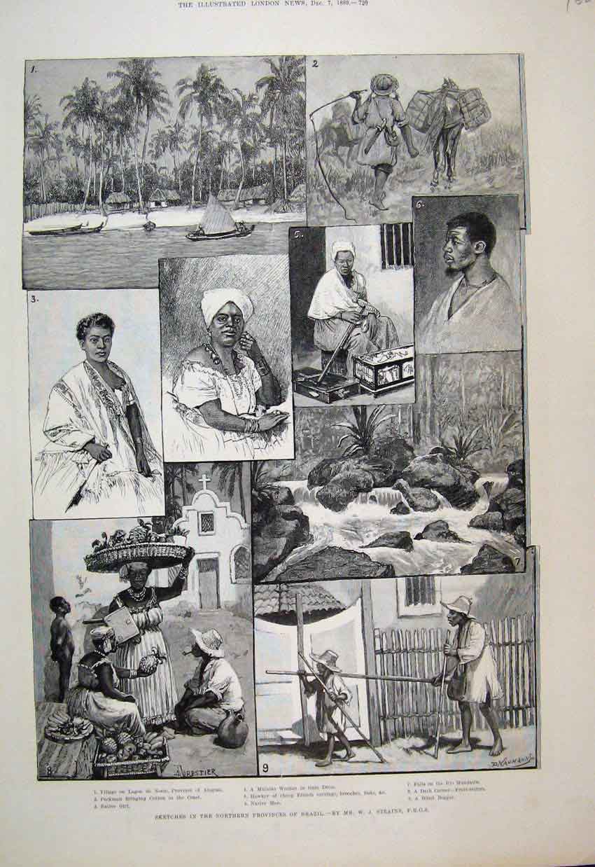 Old Antique Print 1889 Provincs Brazil Alagoas Gala Dress Fruit Sellers 19th