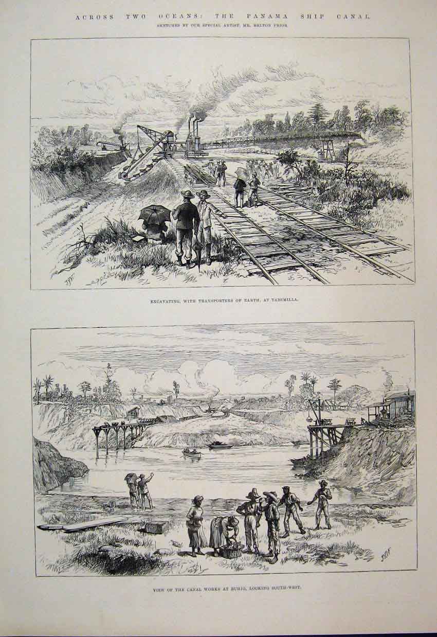 Old Antique Print 1888 Panama Ship Canal Railway Tabemilla Buhio Sketch 19th