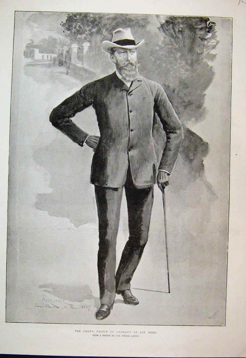 Original Old Antique Print 1887 Crown Prince Germany San Remo Portrait 19th