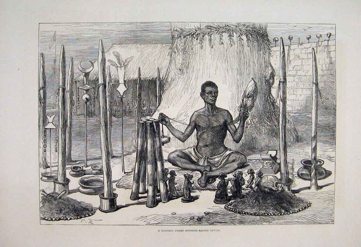 Original Old Antique Print 1877 Dahomey Priest Spinning Sacred Cotton Victorian