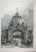 Original Old Antique Print 1889 Paris Exhibition Central Dome Statue Lion 19th