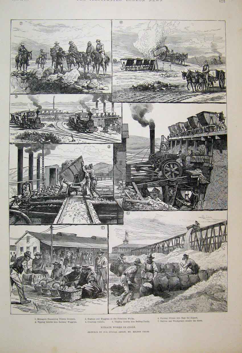 Original Old Antique Print 1889 Nirate Chile Railway Wagon Boiling Banks Sketch