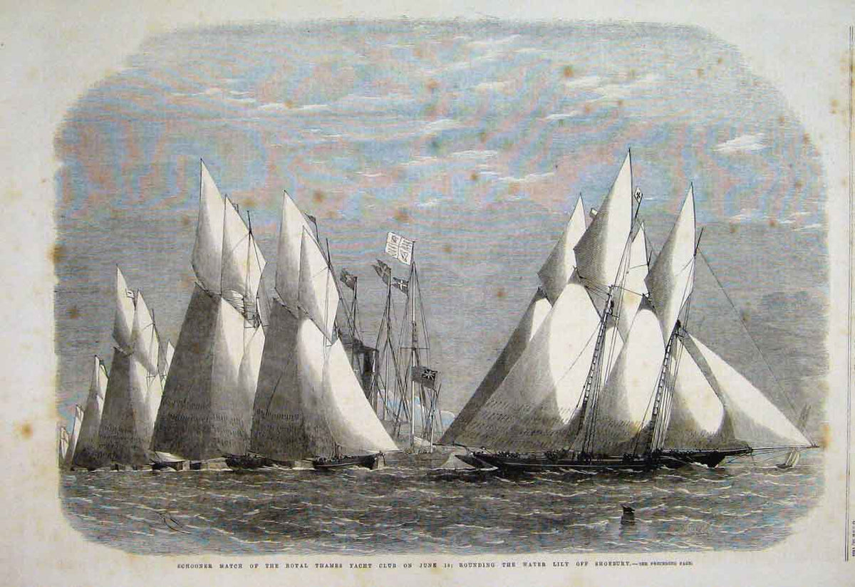 Original Old Antique Print 1864 Schooner Match Royal Thames Yacht Club Lily