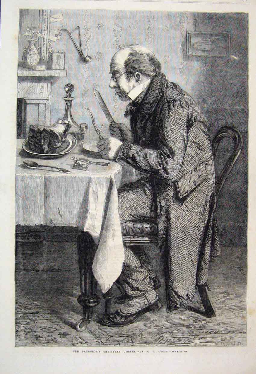 Original Old Antique Print 1865 Bachelor Christmas Dinner Man Eating Victorian