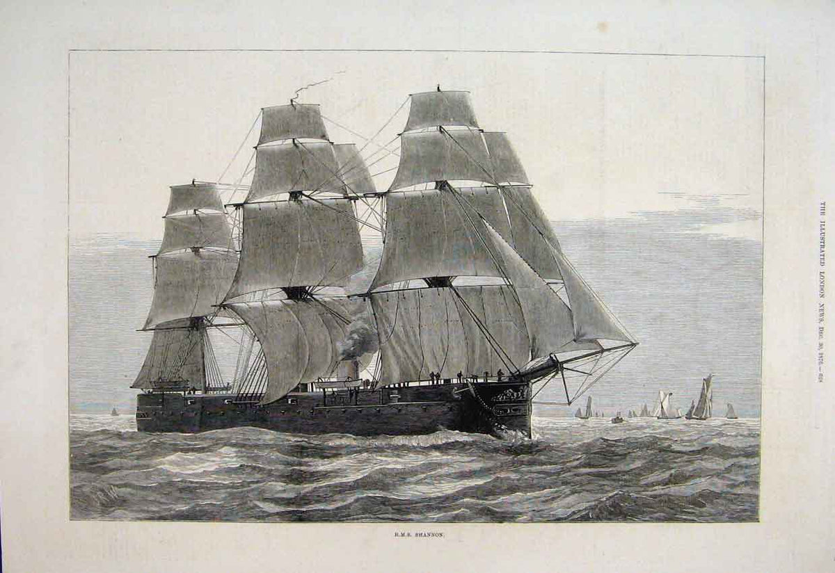 Original Old Antique Print 1876 Shannon Ship Ocean Scene 19th Century