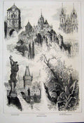 Old Antique Print 1876 Prague Powder Tower Bradschin Tenynkirche Sketch 19th