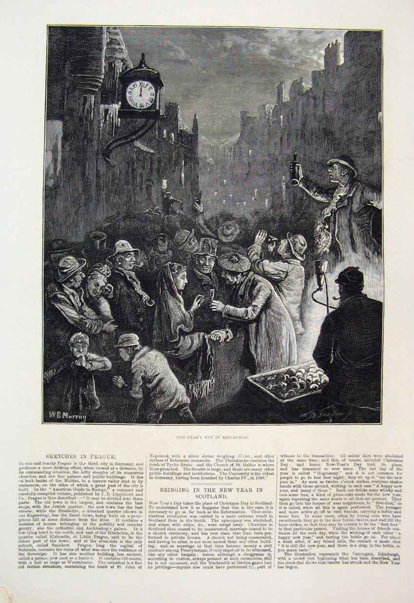 Original Old Antique Print 1876 New Year Edinburgh Celebration Drinking 19th