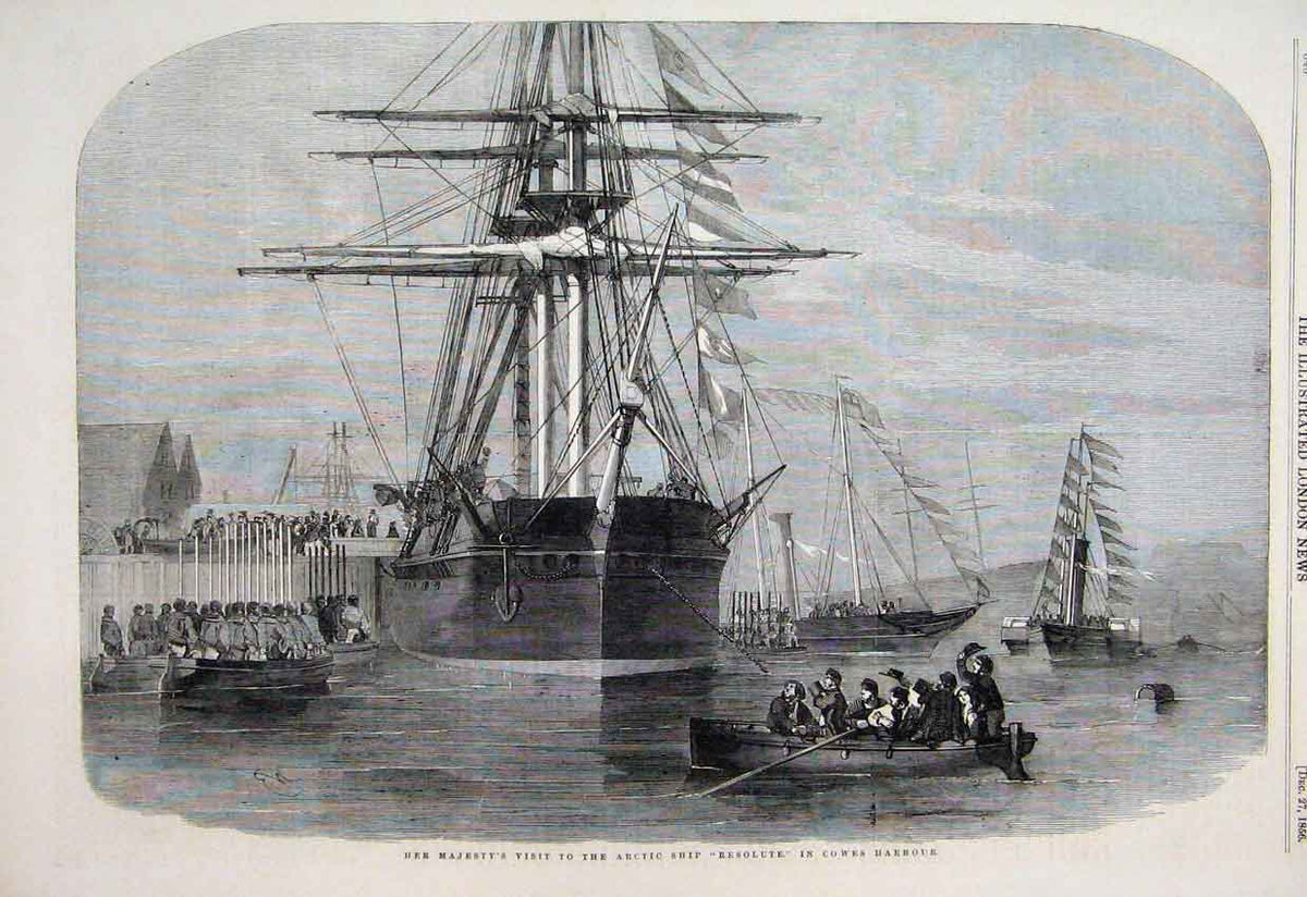 Original Old Antique Print 1856 Majesty Queen Artic Ship Resolute Cowes Harbour