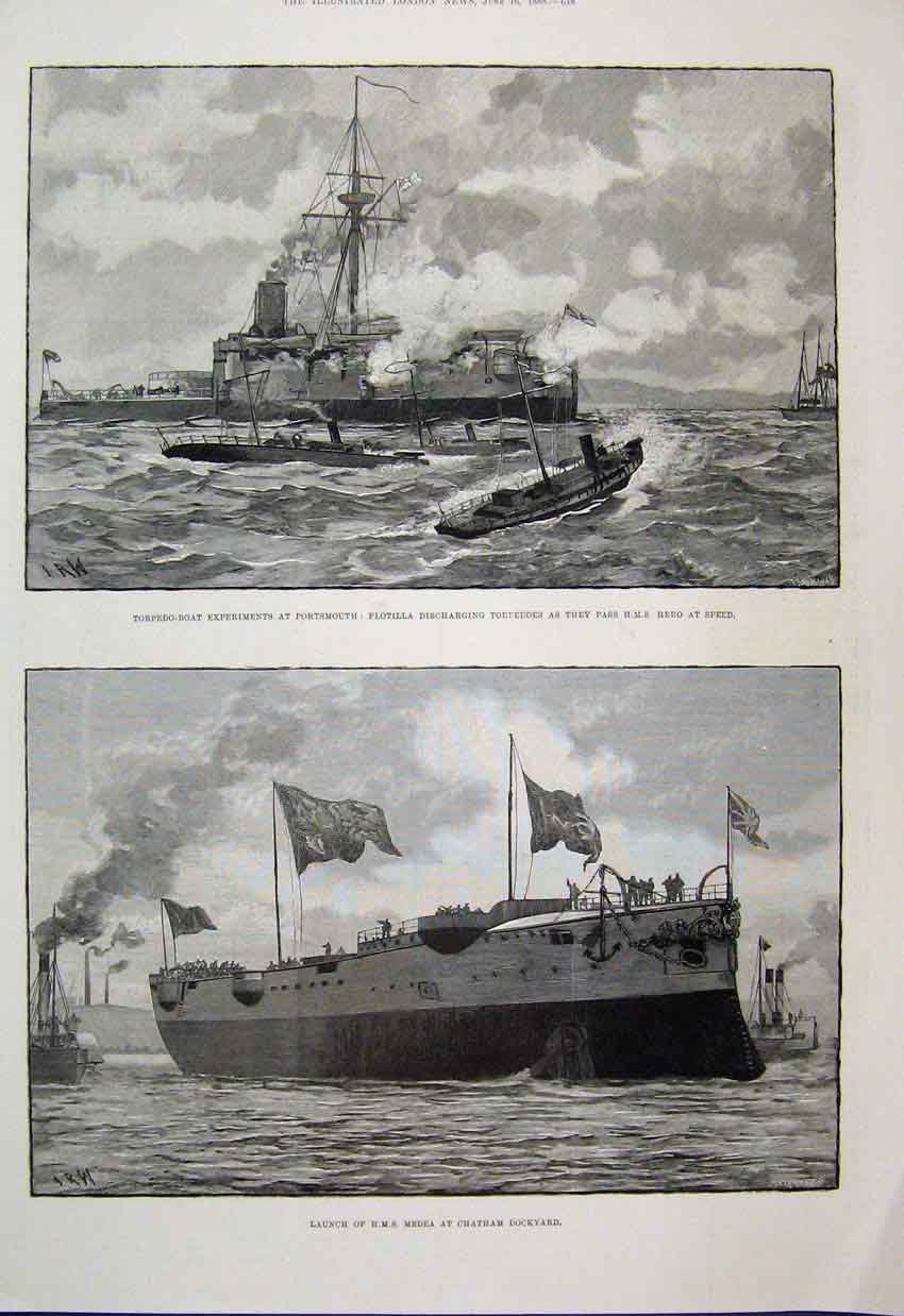 Original Old Antique Print 1888 Medea Chatham Torpedo Boat Portsmouth Flotilla