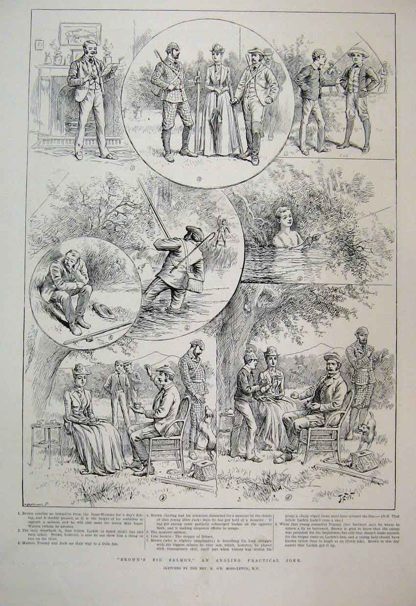 Original Old Antique Print 1890 Brown Salmon Angling Practical Joke Sketches