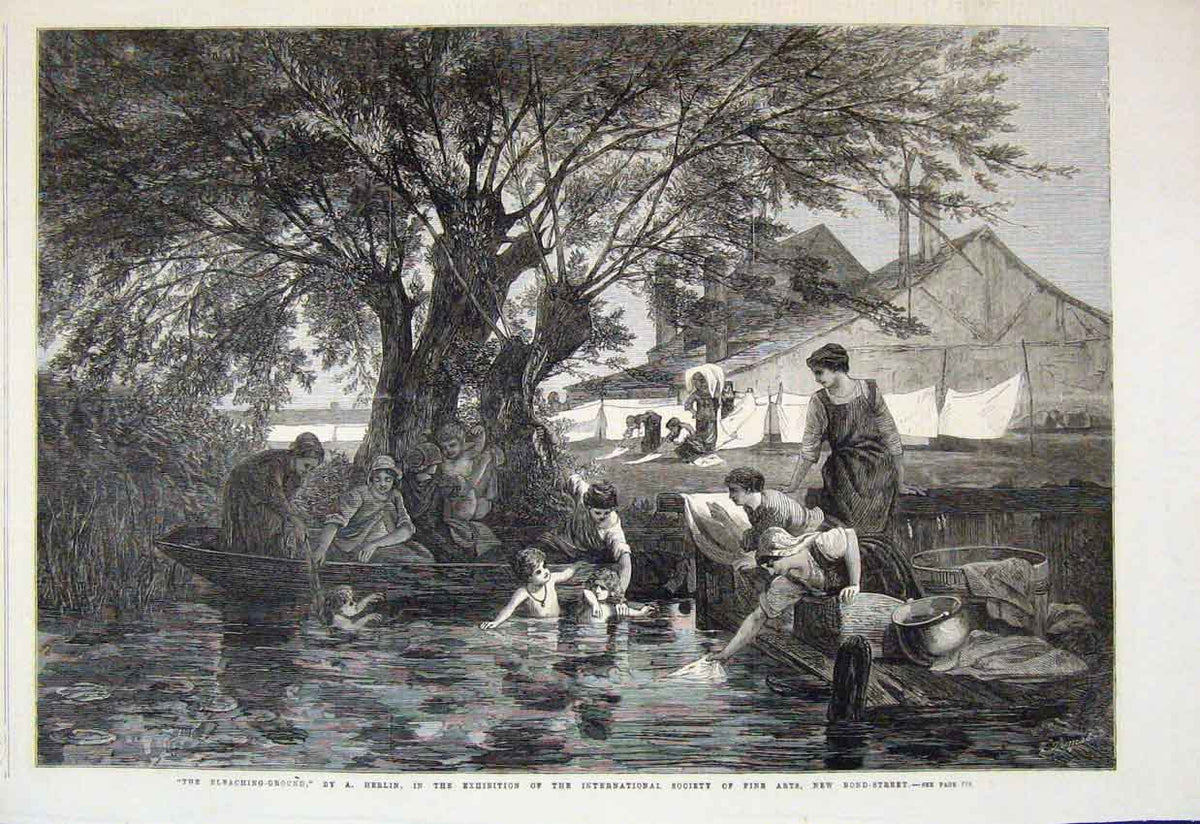 Old Antique Print 1867 Bleaching Ground Children Bathing Washing Fine Art 19th