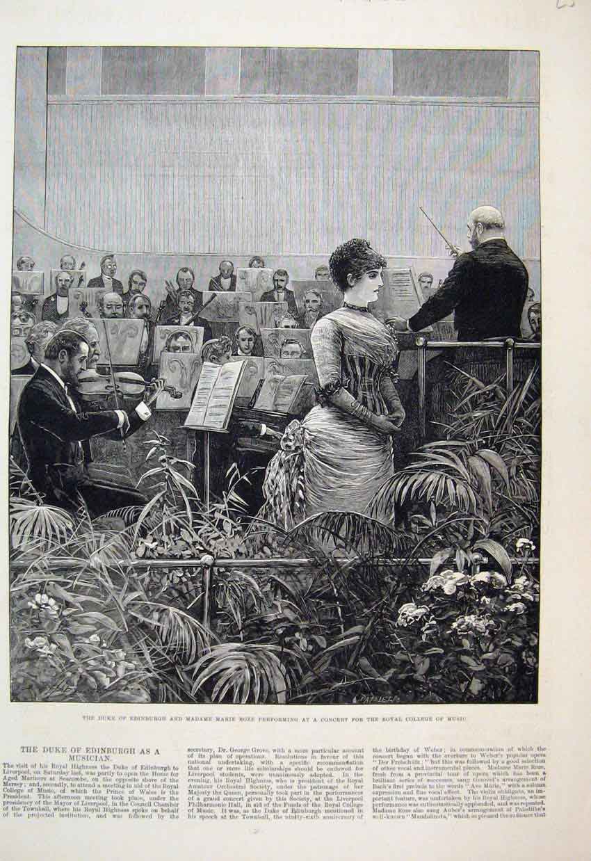 Original Old Antique Print 1882 Duke Edinburgh Madame Marie Roze Concert Music