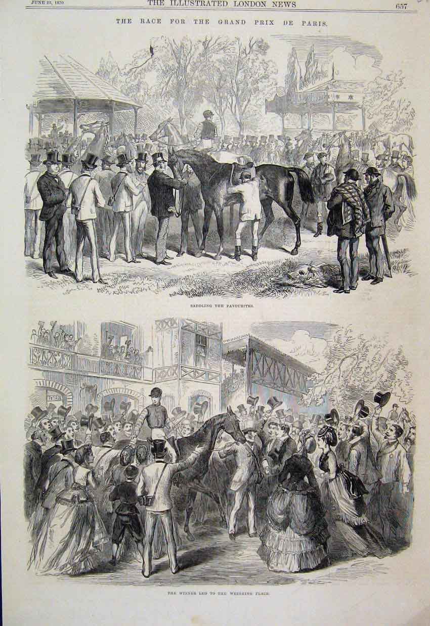 Original Old Antique Print 1870 Race Grand Prix Paris Saddling Weighing Place