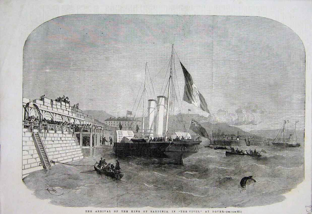 Original Old Antique Print 1855 King Sardinia Vivid Dover Ship Harbour 19th