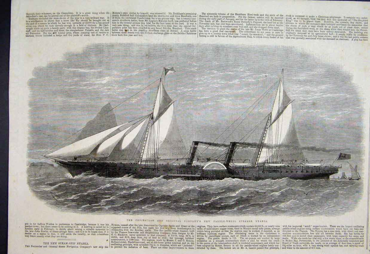 Old Antique Print 1864 Penninsular Oriental Paddle Wheel Steamer Nyanza 19th