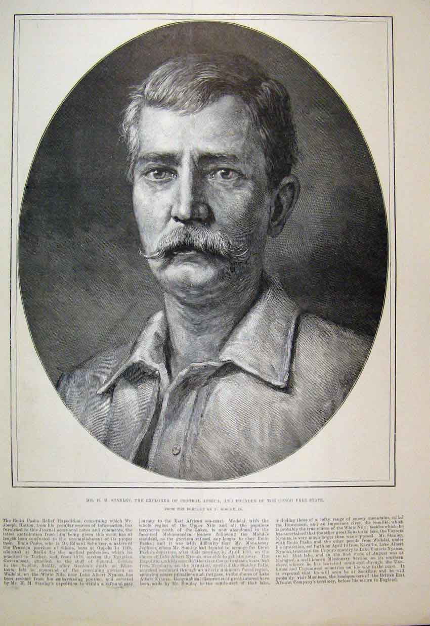 Old Antique Print 1889 Portrait Stanley Explorer Africa Congo Free State 19th