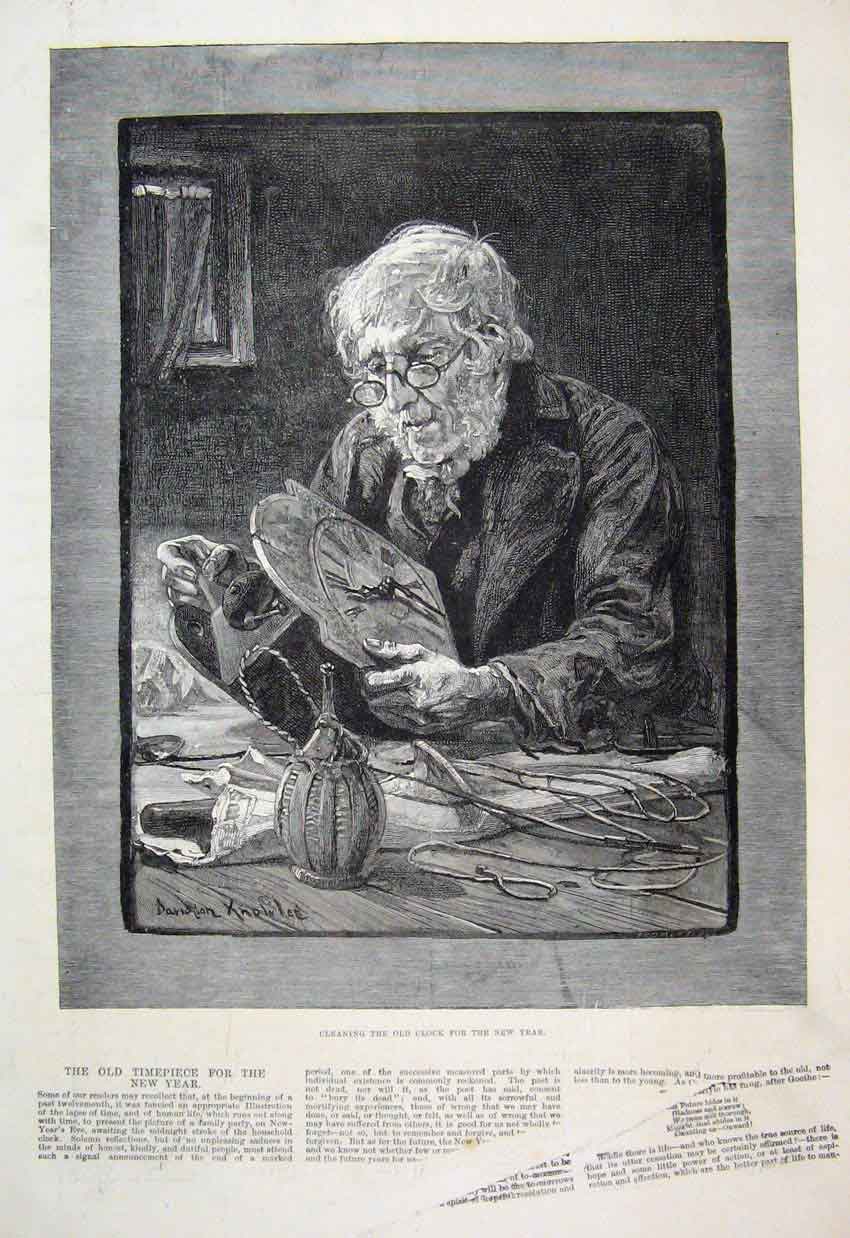 Original Old Antique Print 1882 Man Cleaning Clock New Year Fine Art Victorian