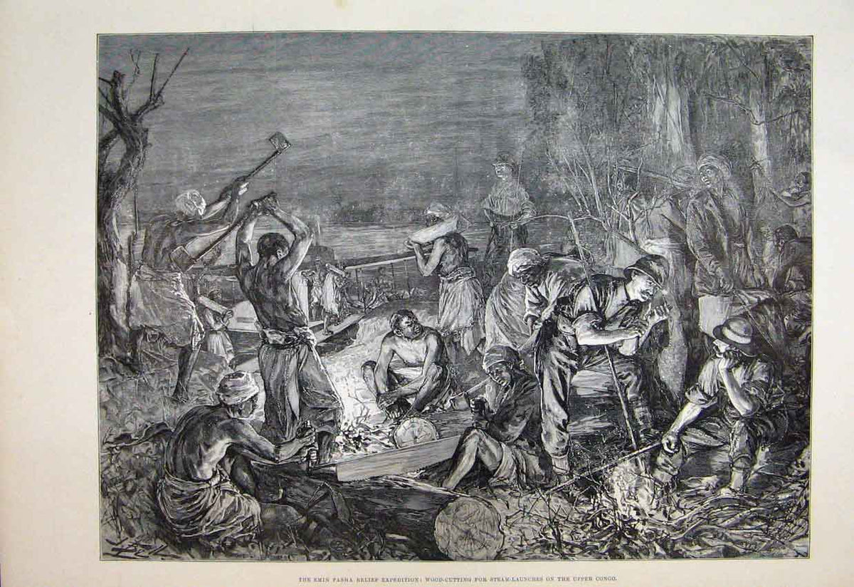 Original Old Antique Print 1889 Emin Pasha Relief Expedition Wood Cutting Congo