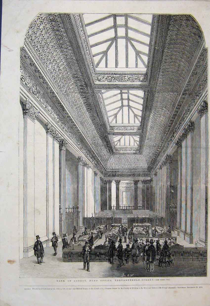 Original Old Antique Print 1855 Bank London Threadneedle Street Head Office