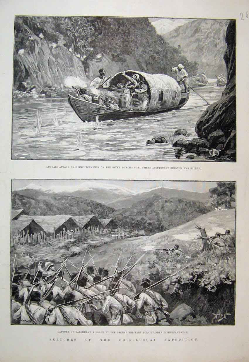 Old Antique Print 1890 Chin-Lushai River Dhalishwar Swinton Lalshima Cole 19th
