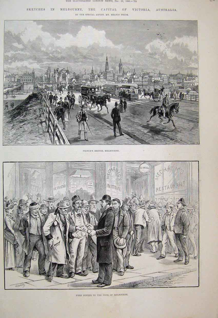 Original Old Antique Print 1888 Prince Bridge Melbourne Dinner Poor Australia