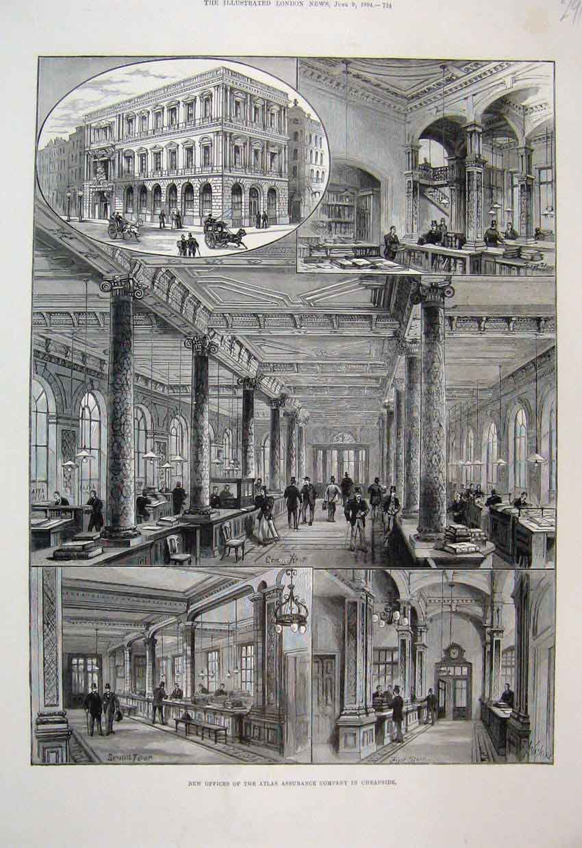 Original Old Antique Print 1894 Offices Atlas Assurance Cheapside Victorian