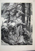 Original Old Antique Print 1887 Christmas Camping Snow Trees Fire Victorian