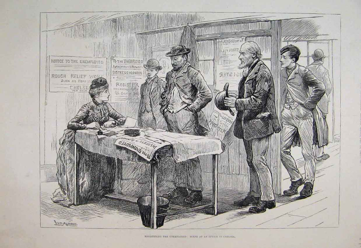 Original Old Antique Print 1887 Unemployment Office Chelsea Men 19th