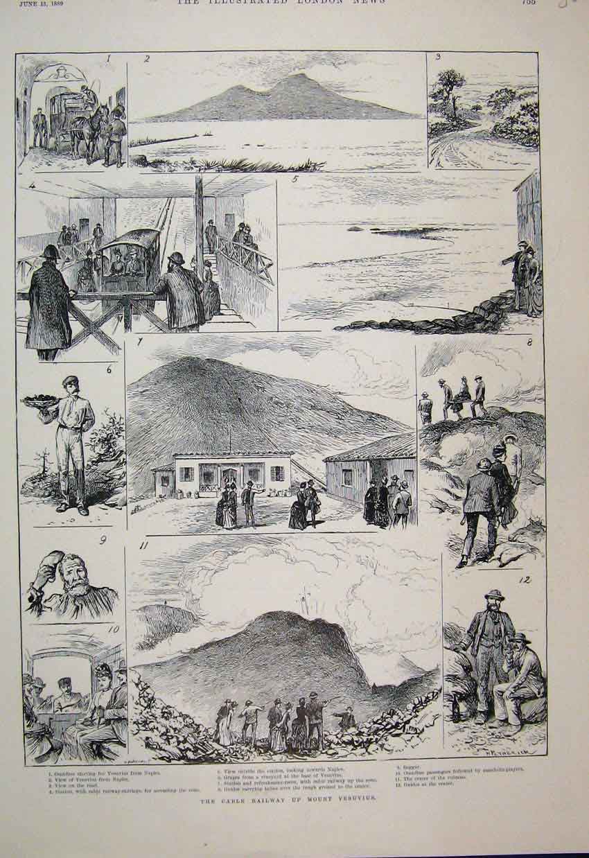 Original Old Antique Print 1889 Cable Railway Mount Vesuvius Station Victorian