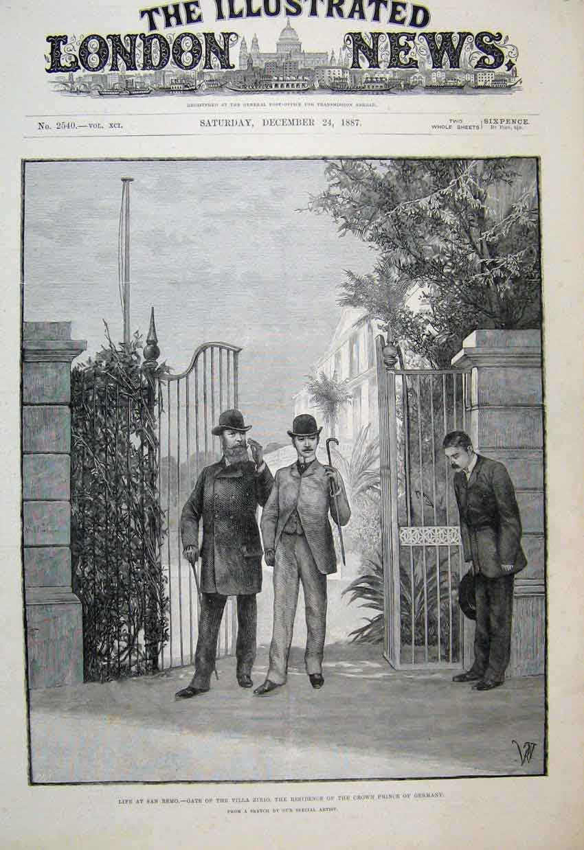 Original Old Antique Print 1887 San Remo Gate Villa Zirio Prince Germany Sketch