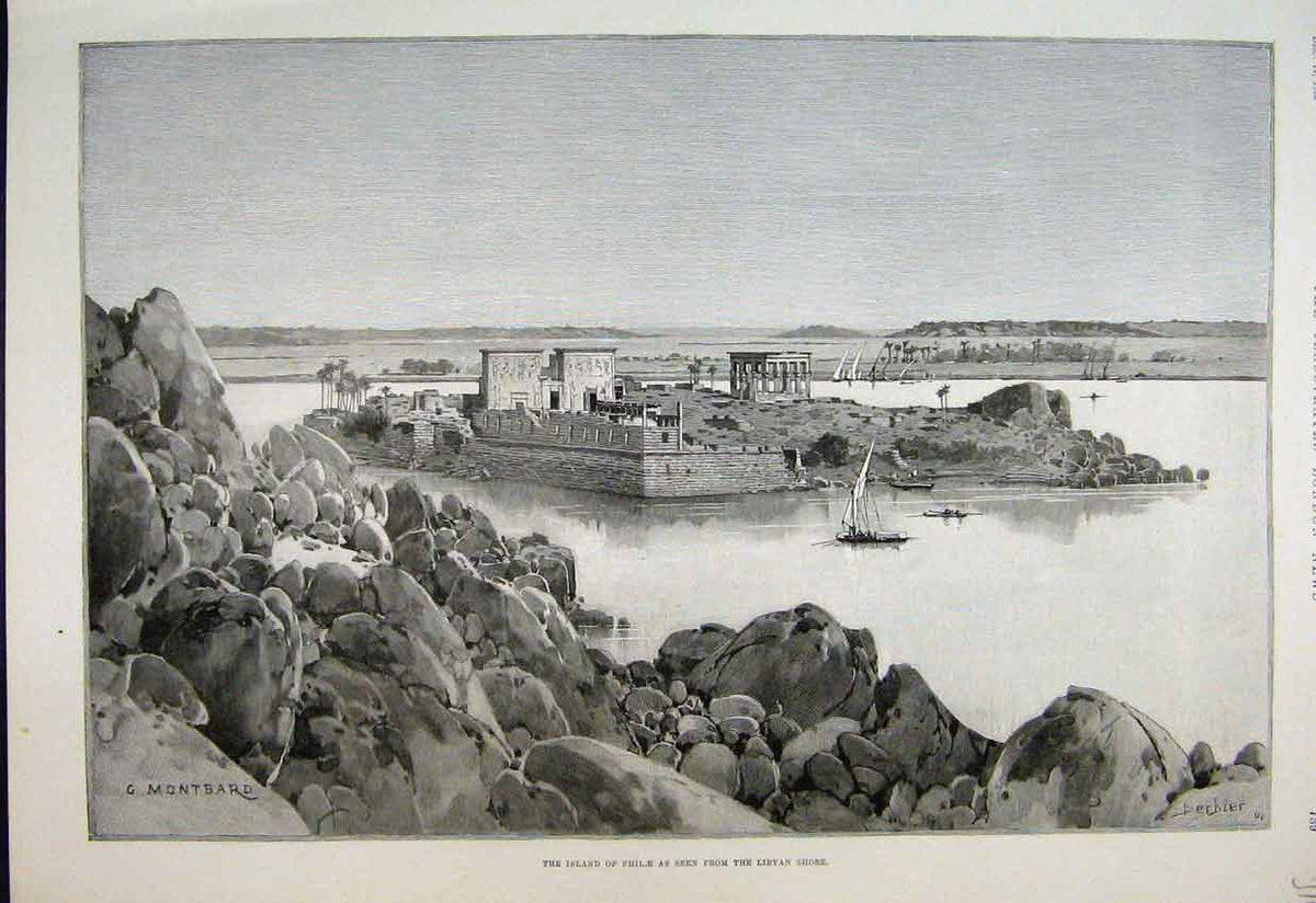 Original Old Antique Print 1895 Island Phile Lybian Shore Rocks Sea Victorian