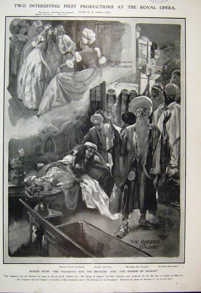 Original Old Antique Print 1906 Royal Opera Vagabond Princess Barber Bagdad