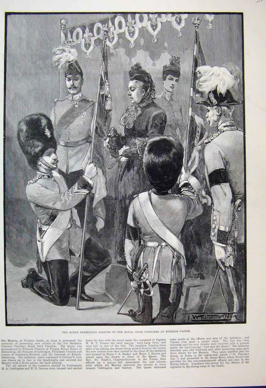 Original Old Antique Print 1889 Queen Royal Irish Fusiliers Windsor Castle Art