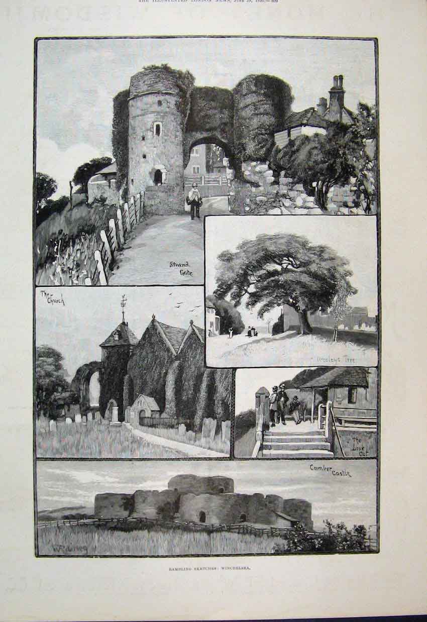 Old Antique Print 1895 Winchelsea Camber Castle Strand Gate Church Sketch 19th